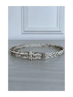 Fine ceinture beige tréssé en simili avec chêne